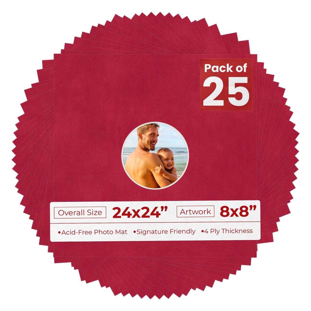 Red Suede Mat Board for 24x24 Frames - Circle Opening for 8x8 Photos